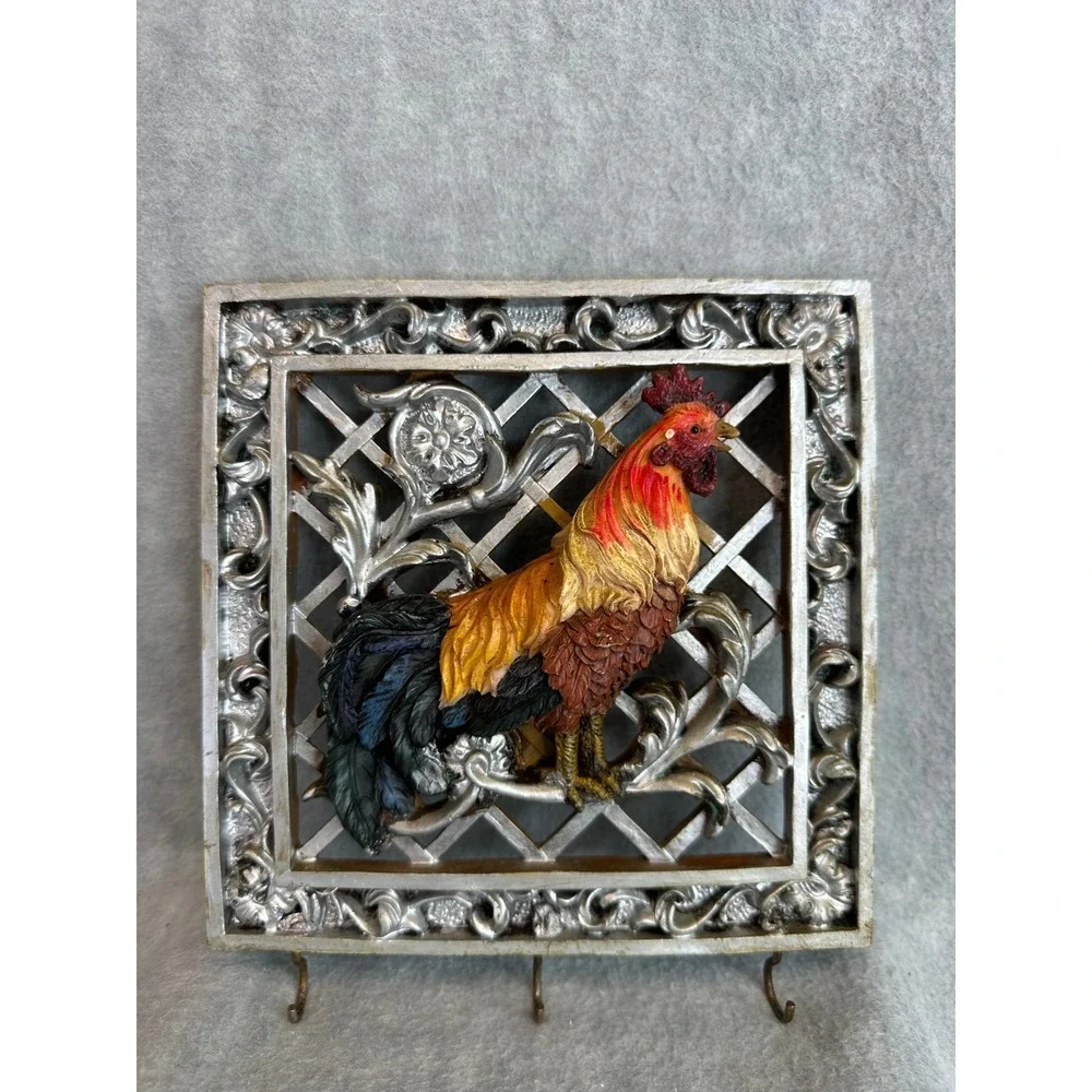 Vintage Rooster 3D Wall Art Key Holder Rack Frame Plaque Rustic Farmhouse Decor‎